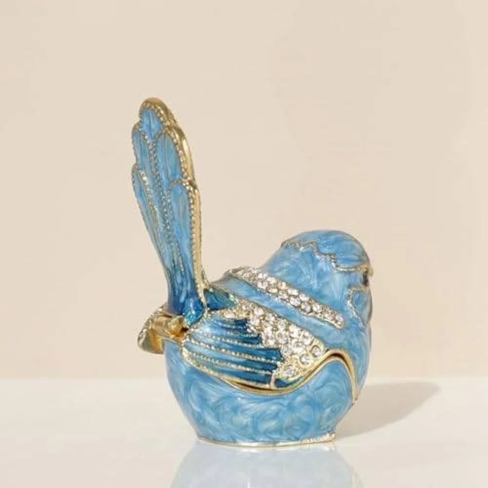 Blue Enameled Bird Trinket Box Rhinestone Hinged Jewelry Pill Box Collectible‎